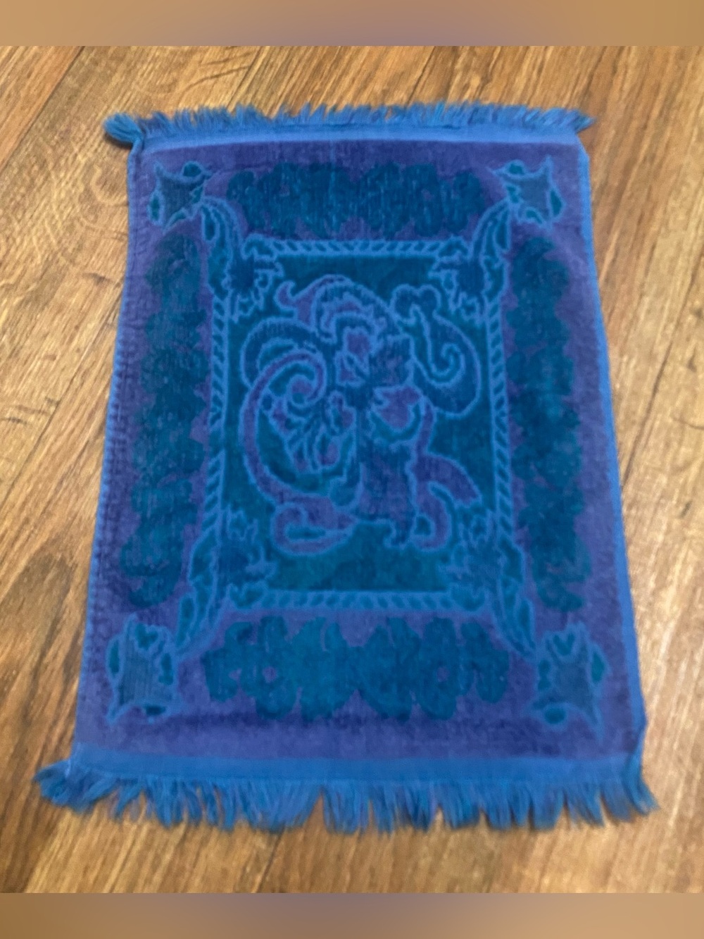 Sears Drylon Vintage Hand Towel 16x11 Blue Purple Green Damask Baroque Pattern